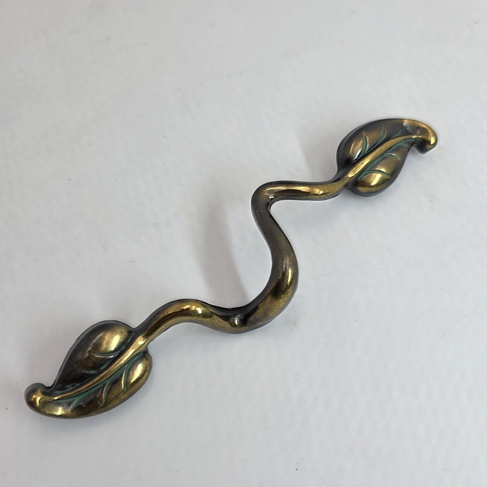VTG Keeler Brass Leaf Drawer Pull Verdigris Cottagecore 6" W/ 4" Center